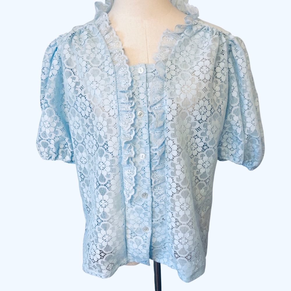 Vintage Pitchfork Brand Square Dance Blouse Blue Sheer Lace Retro Medium